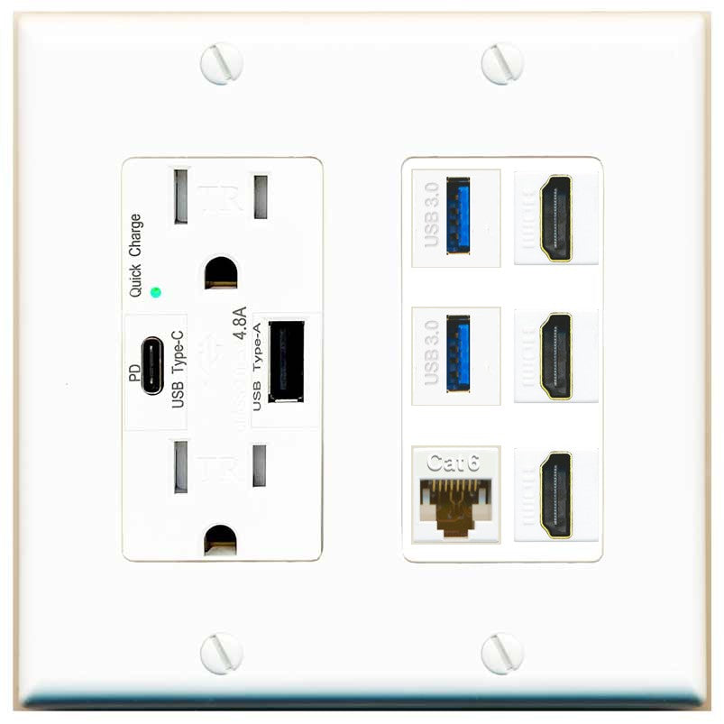 RiteAV 3 Port HDMI 2 Port USB 3.0 1 CAT6-RJ45 Wall Plate - USB A+C Outlet [White]