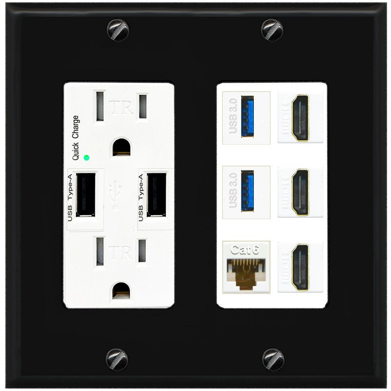 RiteAV 3 Port HDMI 2 Port USB 3.0 1 CAT6-RJ45 Wall Plate - USB Outlet [Black/White]