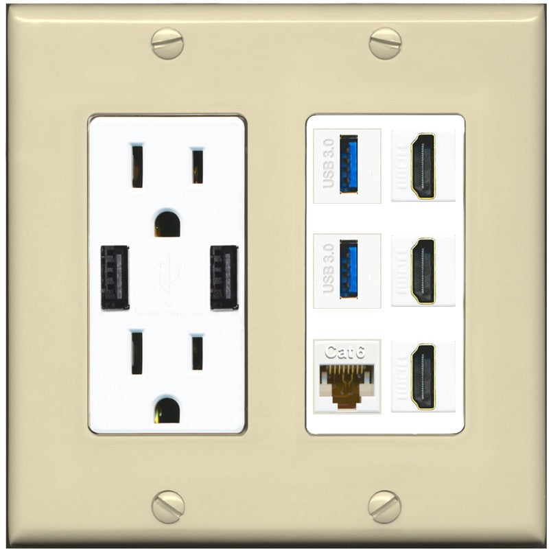 RiteAV 3 Port HDMI 2 Port USB 3.0 1 CAT6-RJ45 Wall Plate - USB Outlet [Ivory/White]