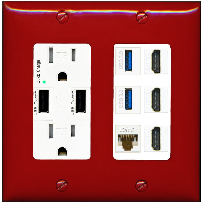 RiteAV 3 Port HDMI 2 Port USB 3.0 1 CAT6-RJ45 Wall Plate - USB Outlet [Red/White]