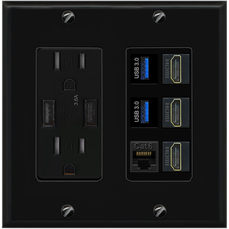 RiteAV 3 Port HDMI 2 Port USB 3.0 1 CAT6-RJ45 Wall Plate - USB Outlet [Black/Black]