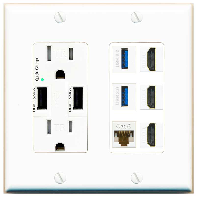 RiteAV 3 Port HDMI 2 Port USB 3.0 1 CAT6-RJ45 Wall Plate - USB Charger [White]