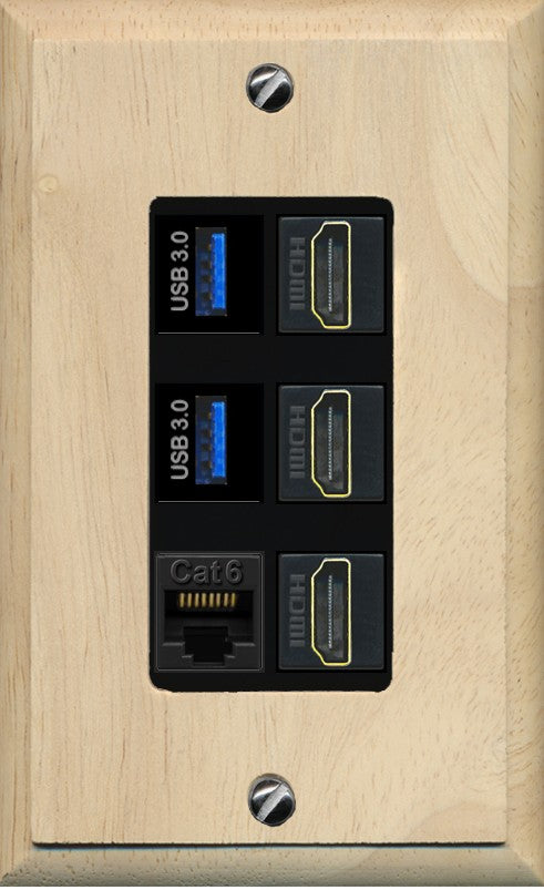 RiteAV 3 Port HDMI 2 Port USB 3.0 1 CAT6-RJ45 Wall Plate - 1 Gang Decorative [Wood/Black]