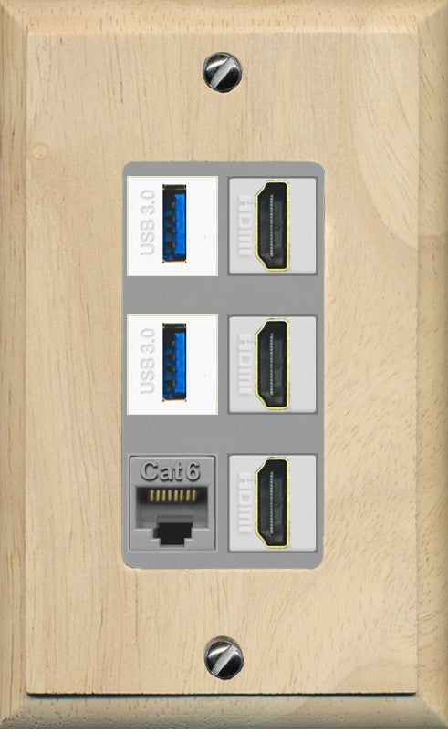 RiteAV 3 Port HDMI 2 Port USB 3.0 1 CAT6-RJ45 Wall Plate - 1 Gang Decorative [Wood/Gray]