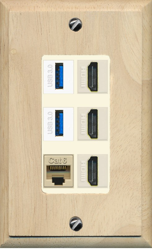 RiteAV 3 Port HDMI 2 Port USB 3.0 1 CAT6-RJ45 Wall Plate - 1 Gang Decorative [Wood/Light-Almond]