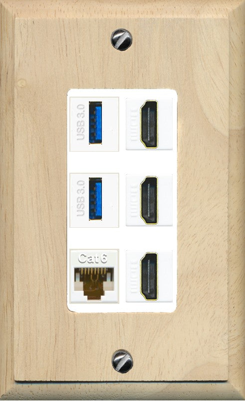 RiteAV 3 Port HDMI 2 Port USB 3.0 1 CAT6-RJ45 Wall Plate - 1 Gang Decorative [Wood/White]