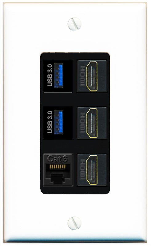RiteAV 3 Port HDMI 2 Port USB 3.0 1 CAT6-RJ45 Wall Plate - 1 Gang Decorative [White/Black]