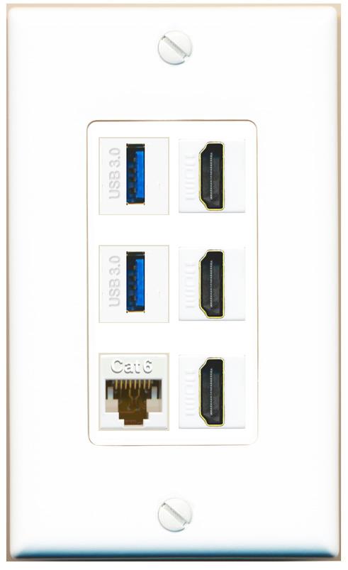 RiteAV 3 Port HDMI 2 Port USB 3.0 1 CAT6-RJ45 Wall Plate - 1 Gang [White]