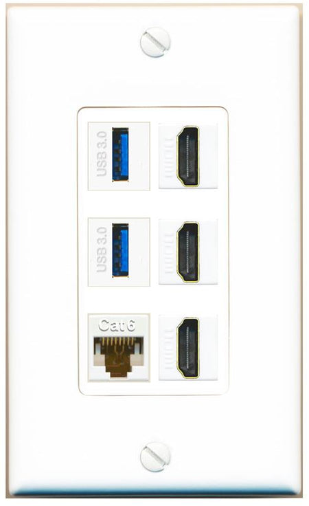 RiteAV 3 Port HDMI 2 Port USB 3.0 1 CAT6-RJ45 Wall Plate - 1 Gang [White]