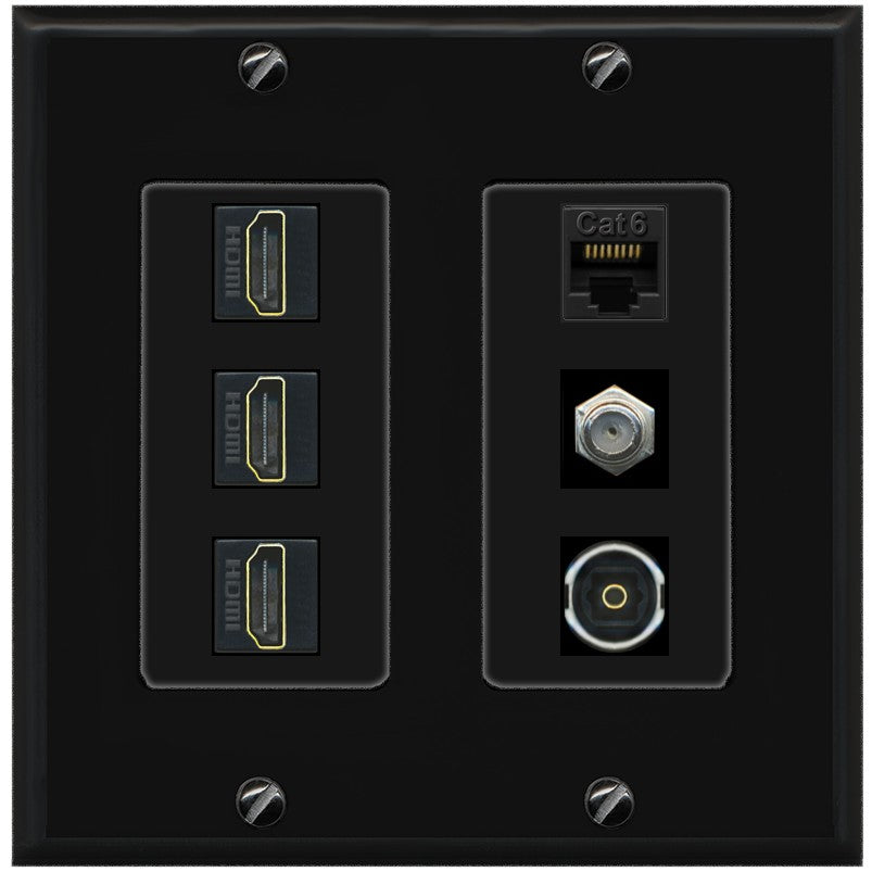 RiteAV 3 Port HDMI 1 Coax TV F-Type Cat6 Ethernet Toslink Optical Wall Plate - 2 Gang [Black/Black]