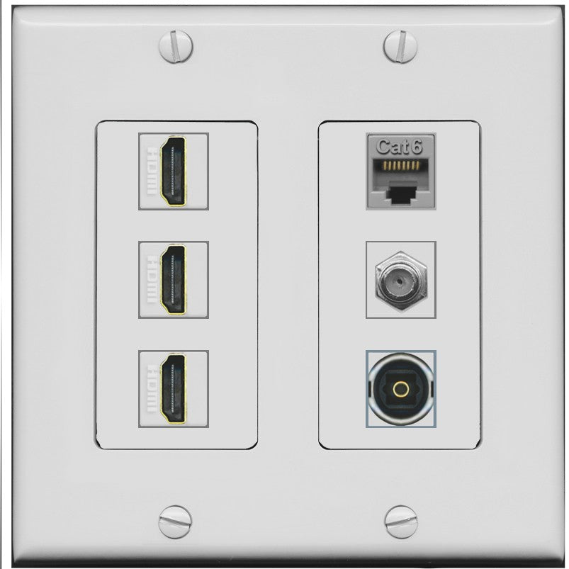 RiteAV 3 Port HDMI 1 Coax TV F-Type Cat6 Ethernet Toslink Optical Wall Plate - 2 Gang [Gray/Gray]