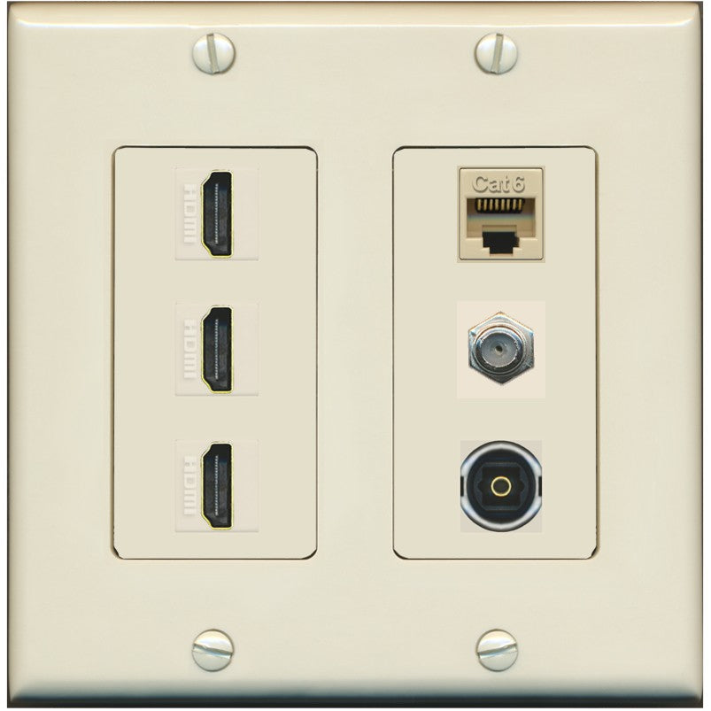 RiteAV 3 Port HDMI 1 Coax TV F-Type Cat6 Ethernet Toslink Optical Wall Plate - 2 Gang [Light-Almond]