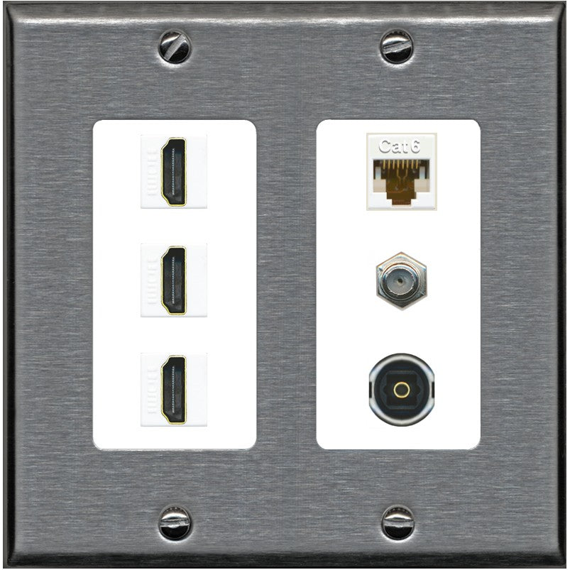 RiteAV 3 Port HDMI 1 Coax TV F-Type Cat6 Ethernet Toslink Optical Wall Plate - 2 Gang [Stainless/White]