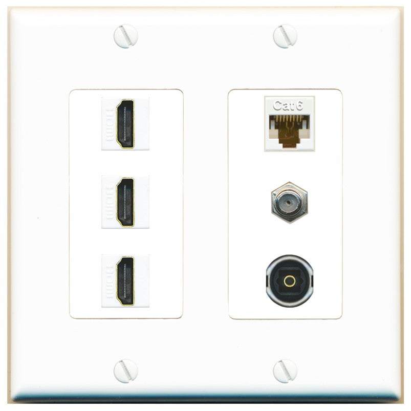 RiteAV 3 Port HDMI 1 Coax TV F-Type Cat6 Ethernet Toslink Optical Wall Plate - 2 Gang [White]