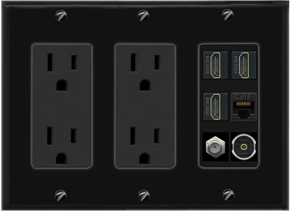 RiteAV 3 Port HDMI 1 Coax TV F-Type Cat6 Ethernet Toslink Optical Wall Plate - 3 Gang 2 Outlet [Black/Black]