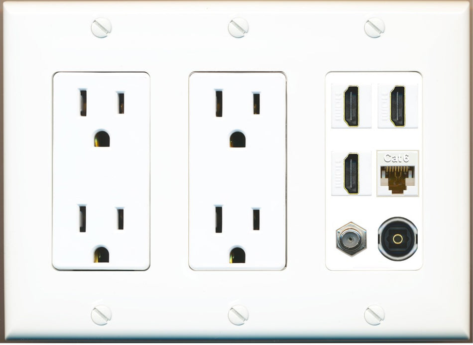 RiteAV 3 Port HDMI 1 Coax TV F-Type Cat6 Ethernet Toslink Optical Wall Plate - 3 Gang 2 Outlet [White]