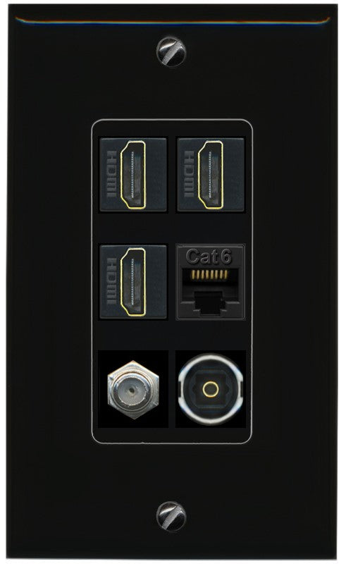 RiteAV 3 Port HDMI 1 Coax TV F-Type Cat6 Ethernet Toslink Optical Wall Plate - 1 Gang Decorative [Black/Black]