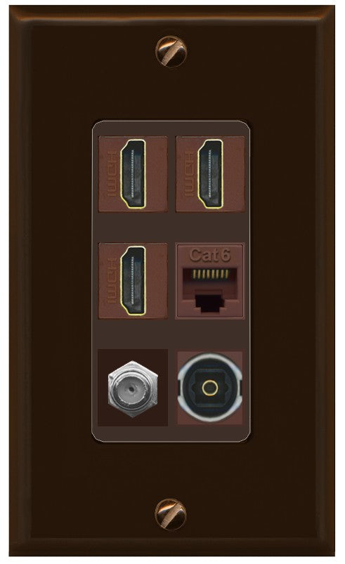 RiteAV 3 Port HDMI 1 Coax TV F-Type Cat6 Ethernet Toslink Optical Wall Plate - 1 Gang Decorative [Brown/Brown]