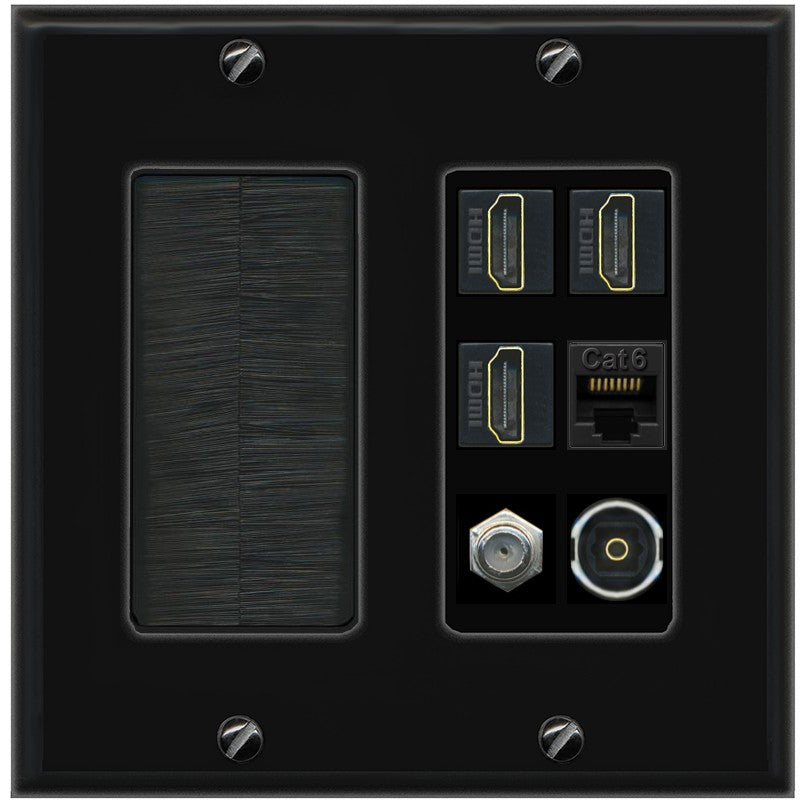 RiteAV 3 Port HDMI 1 Coax TV F-Type Cat6 Ethernet Toslink Optical Wall Plate - Brush [Black/Black]