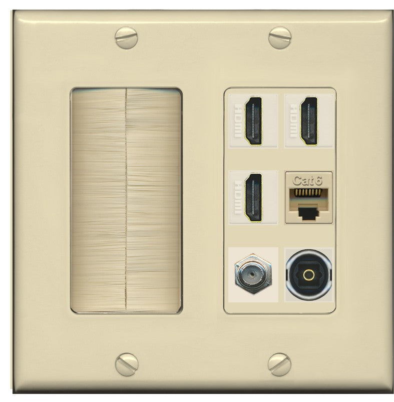 RiteAV 3 Port HDMI 1 Coax TV F-Type Cat6 Ethernet Toslink Optical Wall Plate - Brush [Ivory/Ivory]