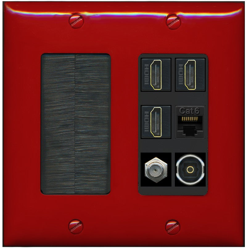 RiteAV 3 Port HDMI 1 Coax TV F-Type Cat6 Ethernet Toslink Optical Wall Plate - Brush [Red/Black]