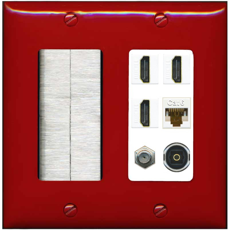RiteAV 3 Port HDMI 1 Coax TV F-Type Cat6 Ethernet Toslink Optical Wall Plate - Brush [Red/White]