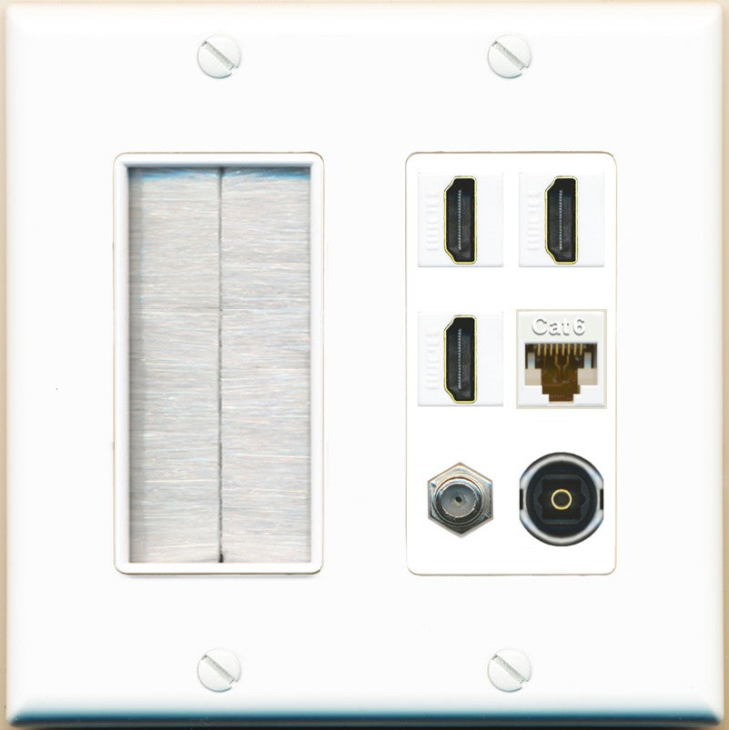 RiteAV 3 Port HDMI 1 Coax TV F-Type Cat6 Ethernet Toslink Optical Wall Plate - Brush [White]