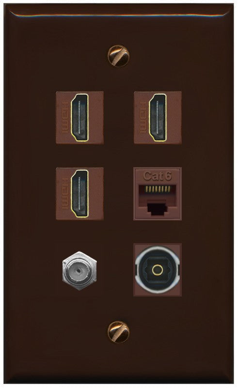 RiteAV 3 Port HDMI 1 Coax TV F-Type Cat6 Ethernet Toslink Optical Wall Plate - Flat Style [Brown/Brown]