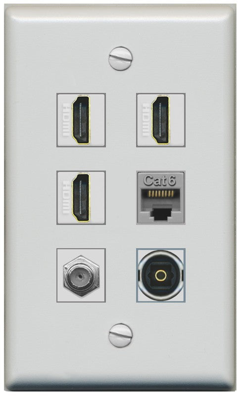 RiteAV 3 Port HDMI 1 Coax TV F-Type Cat6 Ethernet Toslink Optical Wall Plate - Flat Style [Gray/Gray]
