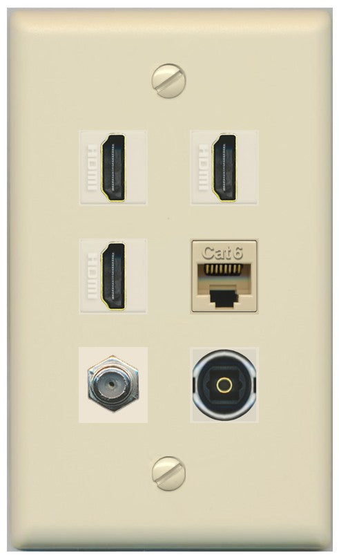 RiteAV 3 Port HDMI 1 Coax TV F-Type Cat6 Ethernet Toslink Optical Wall Plate - Flat Style [Ivory/Ivory]