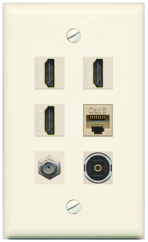 RiteAV 3 Port HDMI 1 Coax TV F-Type Cat6 Ethernet Toslink Optical Wall Plate - Flat Style [Light-Almond]