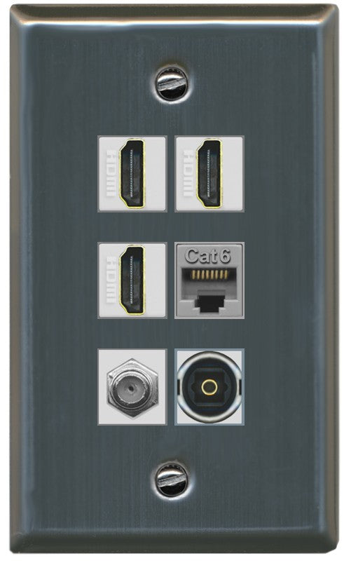 RiteAV 3 Port HDMI 1 Coax TV F-Type Cat6 Ethernet Toslink Optical Wall Plate - Flat Style [Stainless Steel]