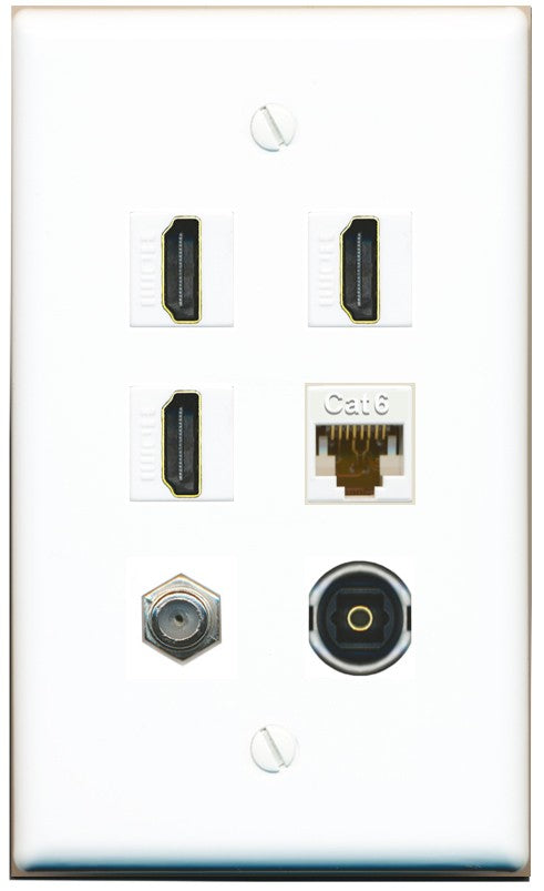 RiteAV 3 Port HDMI 1 Coax TV F-Type Cat6 Ethernet Toslink Optical Wall Plate - Flat Style [White]