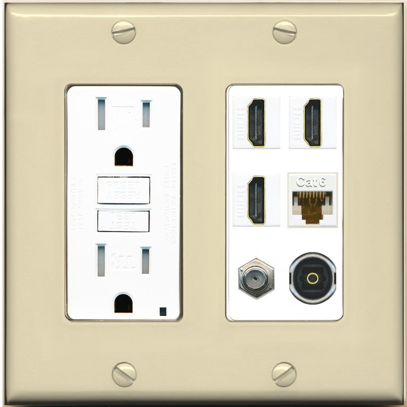 RiteAV 3 Port HDMI 1 Coax TV F-Type Cat6 Ethernet Toslink Optical Wall Plate - GFCI Outlet [Ivory/White]