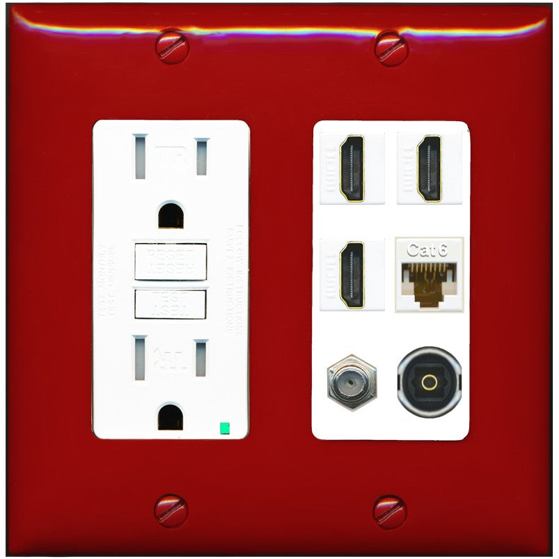 RiteAV 3 Port HDMI 1 Coax TV F-Type Cat6 Ethernet Toslink Optical Wall Plate - GFCI Outlet [Red/White]