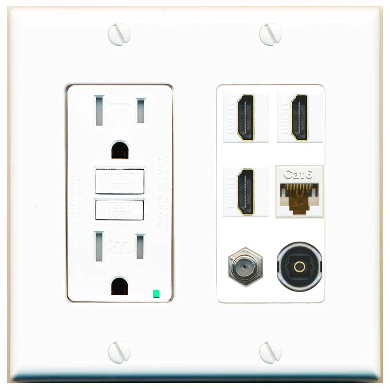 RiteAV 3 Port HDMI 1 Coax TV F-Type Cat6 Ethernet Toslink Optical Wall Plate - GFCI Outlet [White]
