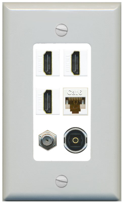 RiteAV 3 Port HDMI 1 Coax TV F-Type Cat6 Ethernet Toslink Optical Wall Plate - 1 Gang Decorative [Gray/White]
