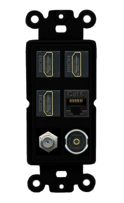 RiteAV 3 Port HDMI 1 Coax TV F-Type Cat6 Ethernet Toslink Optical Wall Plate - Rocker [Black/Black]