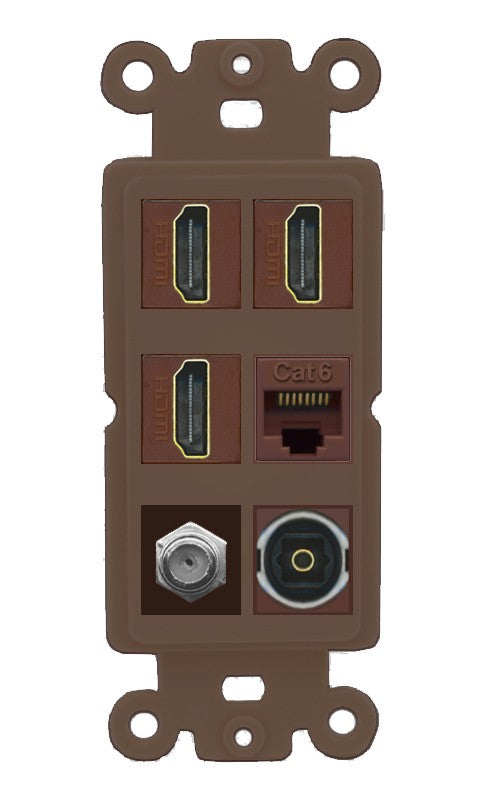 RiteAV 3 Port HDMI 1 Coax TV F-Type Cat6 Ethernet Toslink Optical Wall Plate - Rocker [Brown/Brown]