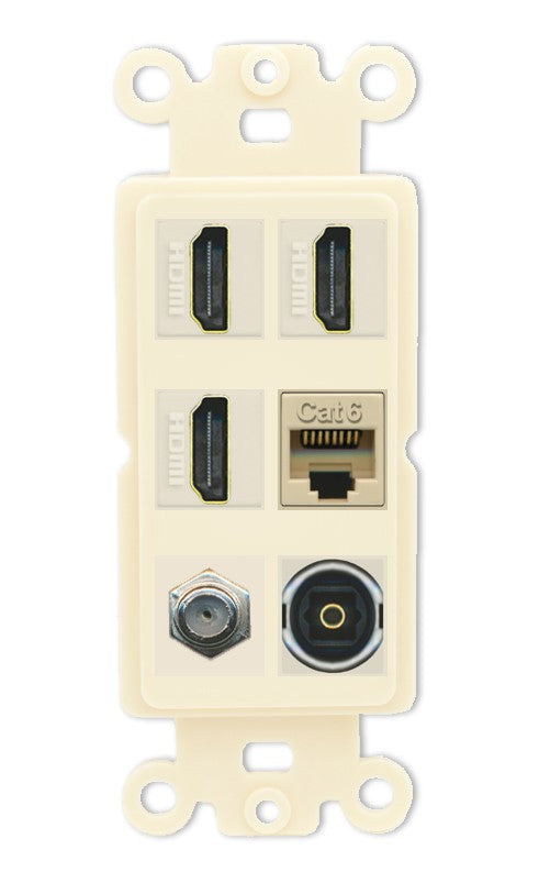 RiteAV 3 Port HDMI 1 Coax TV F-Type Cat6 Ethernet Toslink Optical Wall Plate - Rocker [Light-Almond]