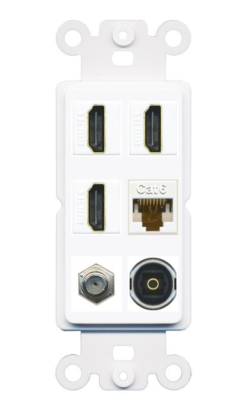 RiteAV 3 Port HDMI 1 Coax TV F-Type Cat6 Ethernet Toslink Optical Wall Plate - Rocker [White]
