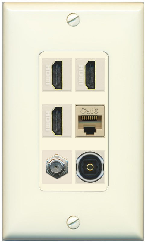 RiteAV 3 Port HDMI 1 Coax TV F-Type Cat6 Ethernet Toslink Optical Wall Plate - 1 Gang Decorative [Light-Almond]