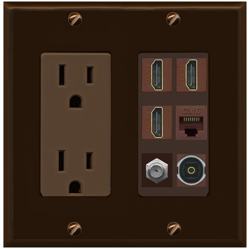 RiteAV 3 Port HDMI 1 Coax TV F-Type Cat6 Ethernet Toslink Optical Wall Plate - Outlet [Brown/Brown]