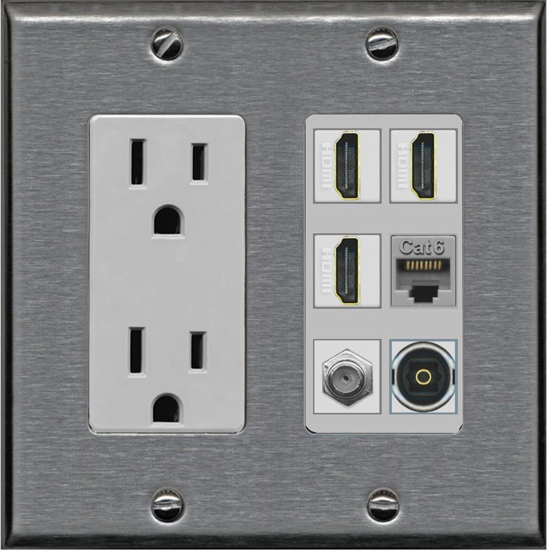 RiteAV 3 Port HDMI 1 Coax TV F-Type Cat6 Ethernet Toslink Optical Wall Plate - Outlet [Stainless/Gray]