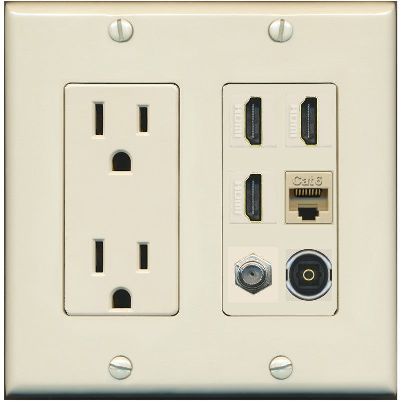 RiteAV 3 Port HDMI 1 Coax TV F-Type Cat6 Ethernet Toslink Optical Wall Plate - Outlet [Light-Almond]