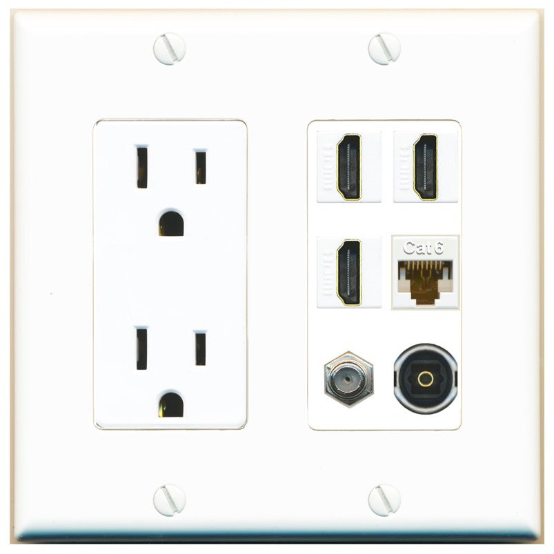 RiteAV 3 Port HDMI 1 Coax TV F-Type Cat6 Ethernet Toslink Optical Wall Plate - Outlet [White]