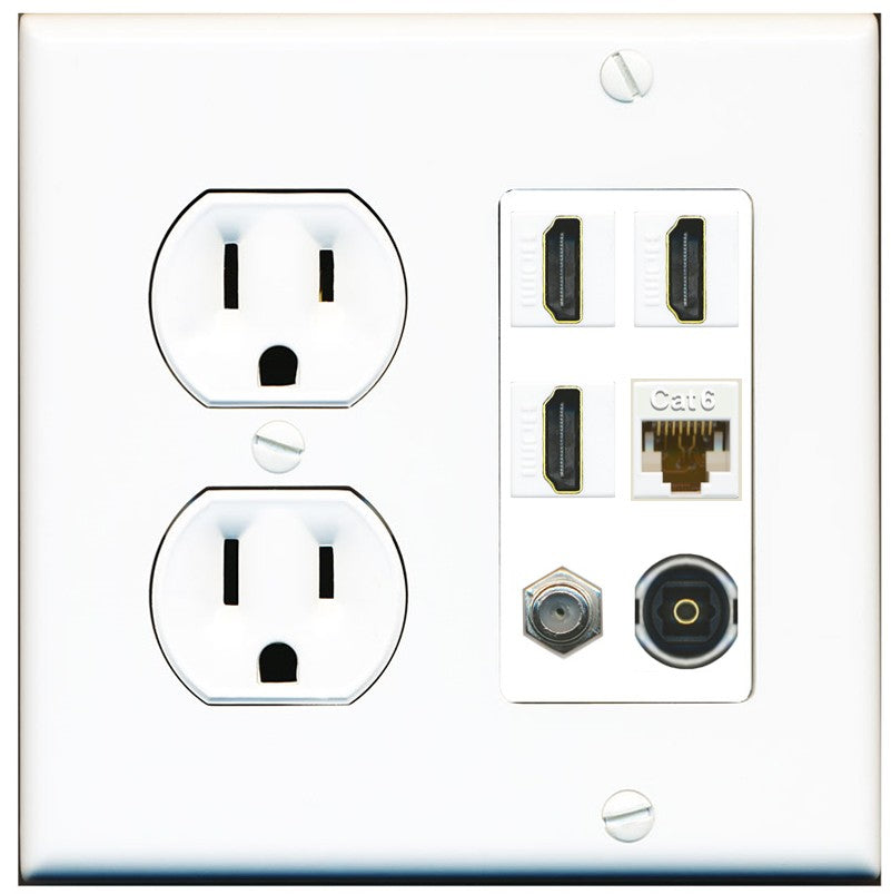 RiteAV 3 Port HDMI 1 Coax TV F-Type Cat6 Ethernet Toslink Optical Wall Plate - Round Outlet [White]