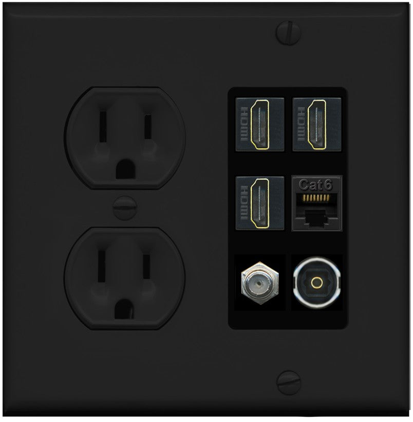 RiteAV 3 Port HDMI 1 Coax TV F-Type Cat6 Ethernet Toslink Optical Wall Plate - Round Outlet [Black/Black]