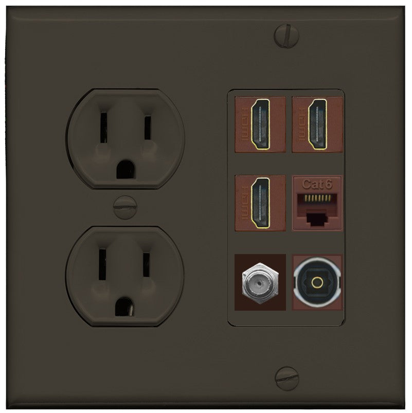 RiteAV 3 Port HDMI 1 Coax TV F-Type Cat6 Ethernet Toslink Optical Wall Plate - Round Outlet [Brown/Brown]