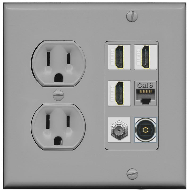 RiteAV 3 Port HDMI 1 Coax TV F-Type Cat6 Ethernet Toslink Optical Wall Plate - Round Outlet [Gray/Gray]